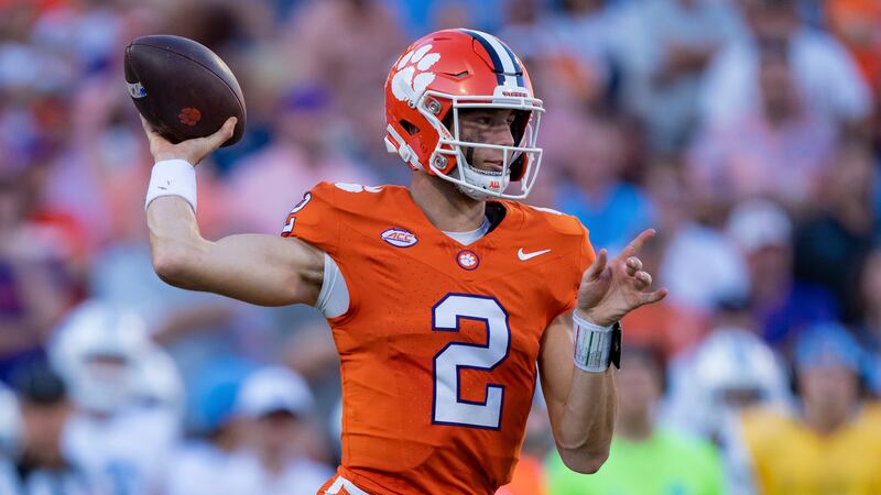 Clemson quarterback Cade Klubnik (2) looks to pass the ball during the first half of an NCAA...