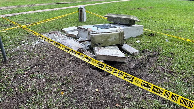 The monument was pushed down Sunday evening.