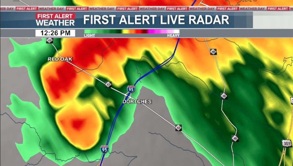 Radar shows the storm that produced an EF-3 tornado approaching Dortches and rocky Mount.