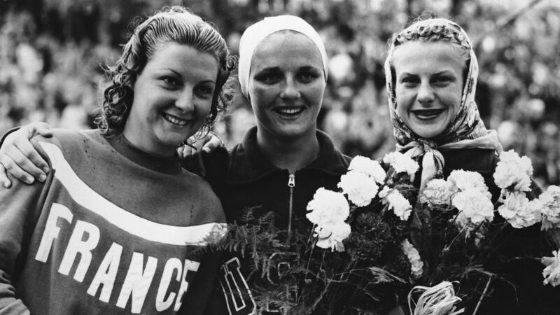 File - From left to right, Madeleine Moreau, of France (silver medallist, 139.34 points);...
