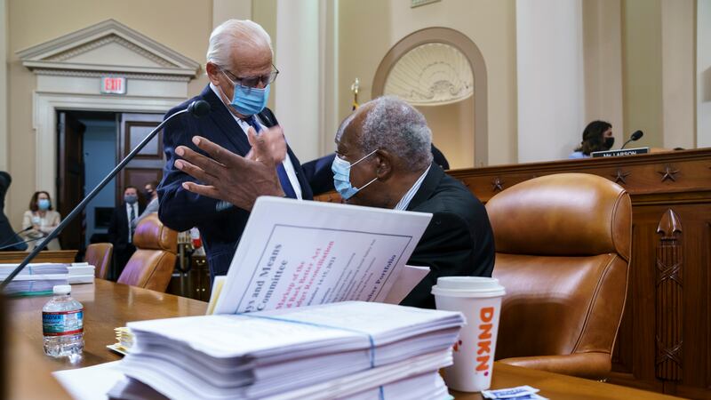 Rep. Bill Pascrell, D-N.J., left, and Rep. Danny Davis, D-Ill., confer as the tax-writing...