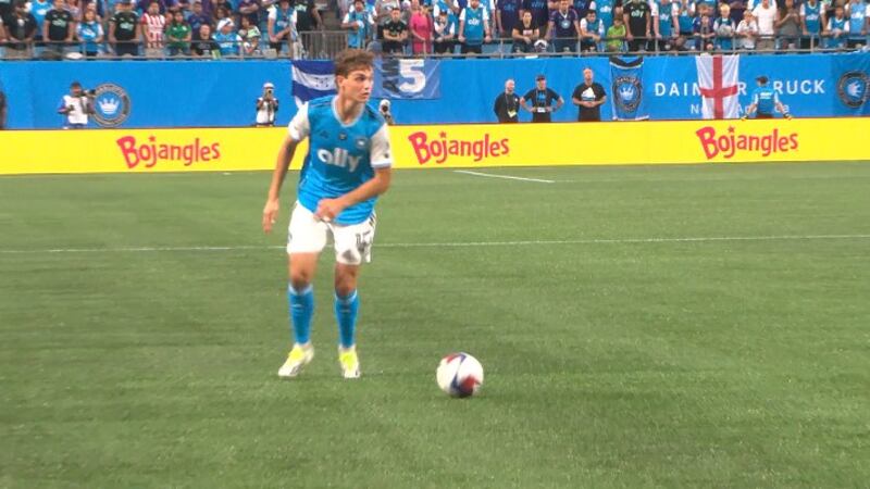 Ben Bender gets ready to fire at the goal in Charlotte FC's game against LAFC.