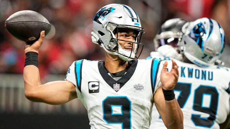 Carolina Panthers quarterback Bryce Young (9) throws in the pocket against the Atlanta Falcons...