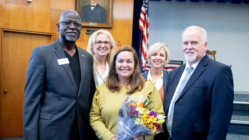 Page Highsmith with BOE Member Bill Lanier, Chief of HR Dr. CJ Korenek, Deputy Superintendent...